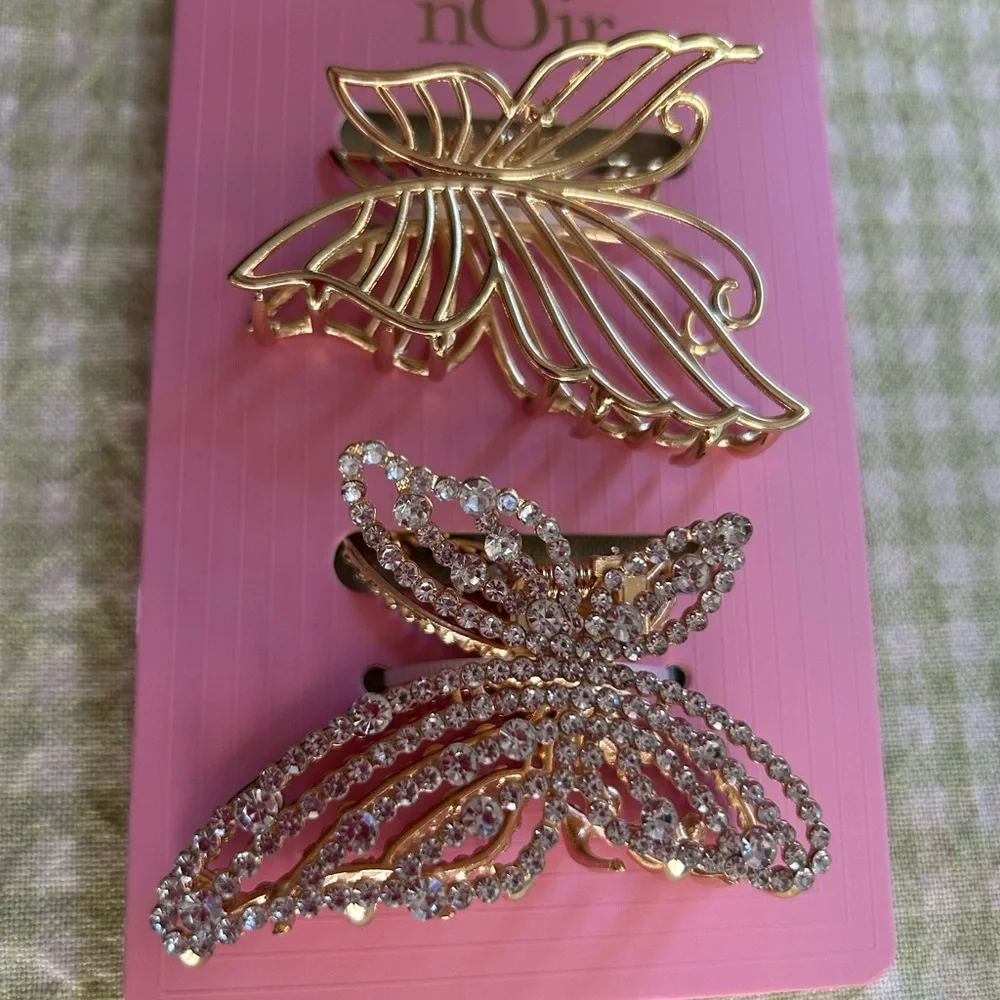 nOir Jewelry Butterfly Hair Claw Clips - Gold & Rhinestone Set of 2